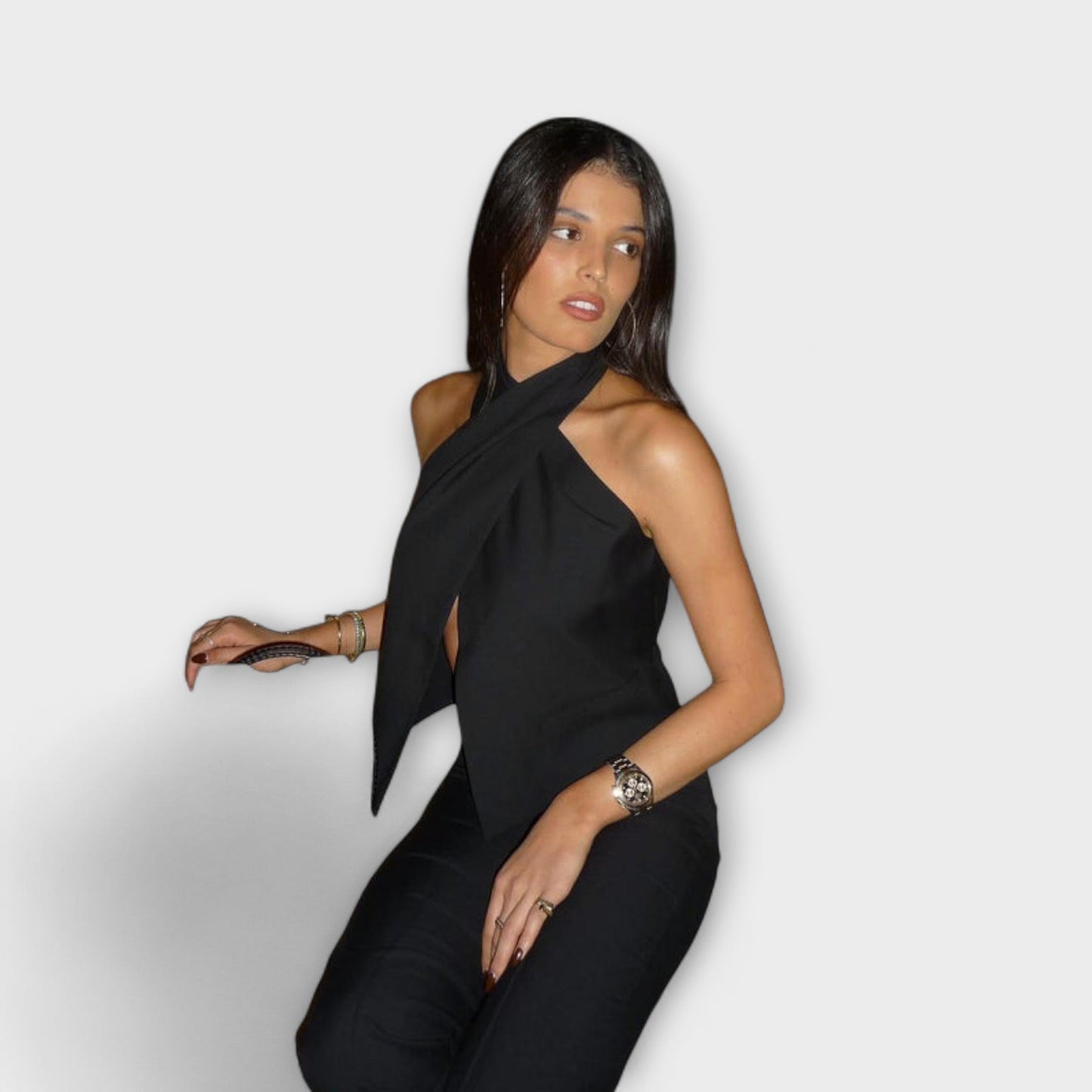 Tank top with crossover neckline and hidden zipper