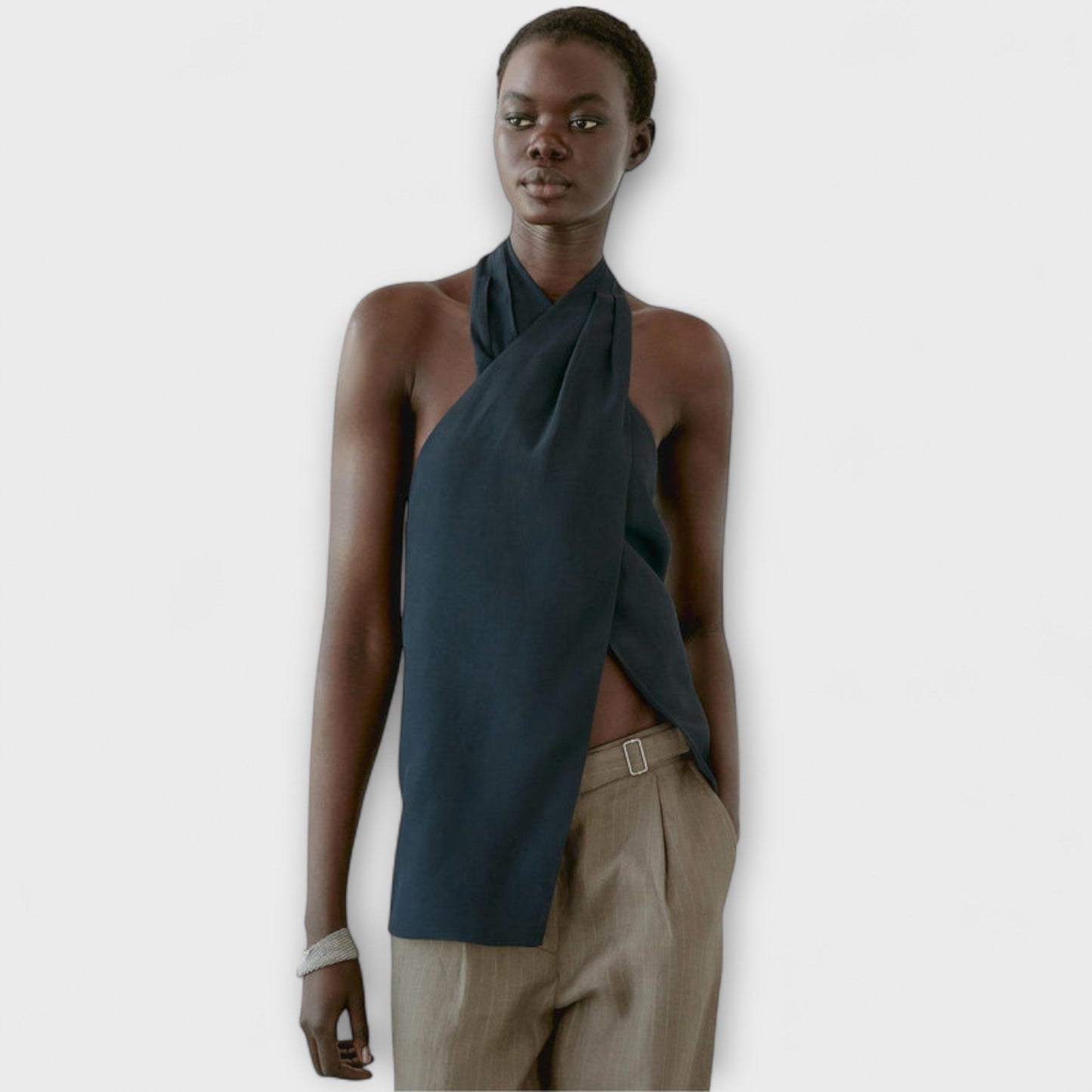 Blue Top with Tie Collar and Cut-out Back