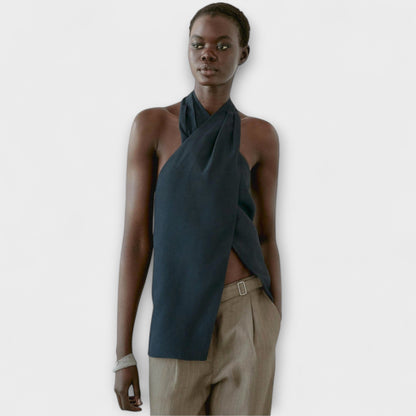 Blue Top with Tie Collar and Cut-out Back