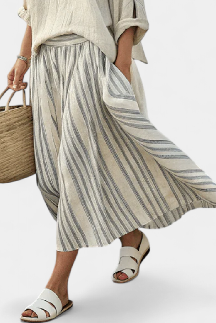 Faith - Ethnic Set Made of Linen and Bamboo with Stripes and Wide Cut