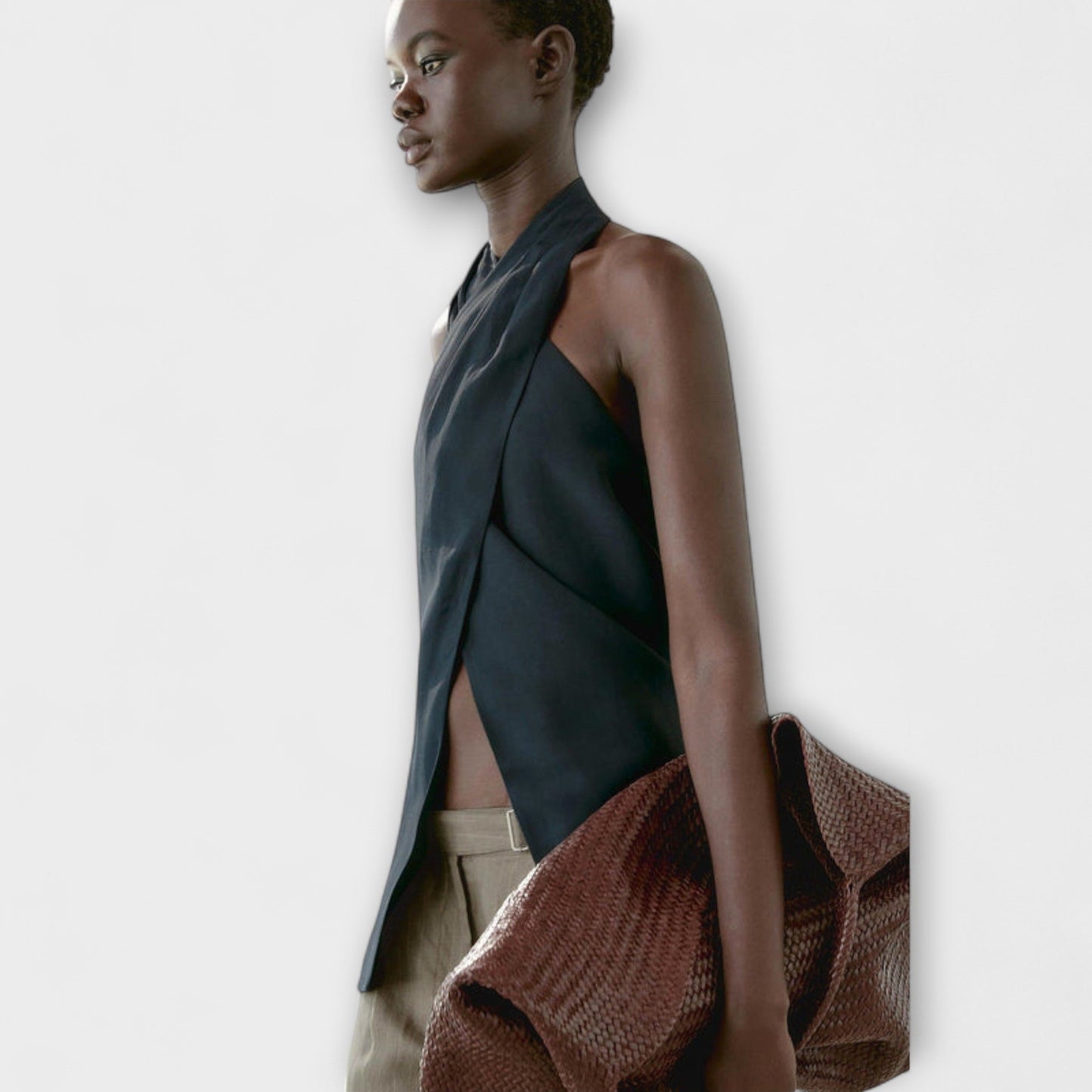 Blue Top with Tie Collar and Cut-out Back