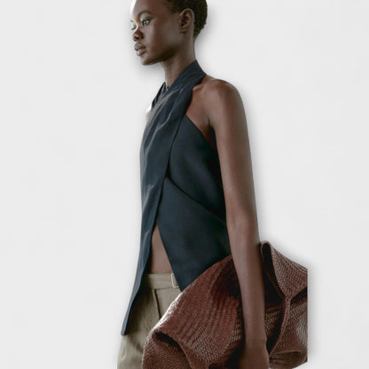 Blue Top with Tie Collar and Cut-out Back