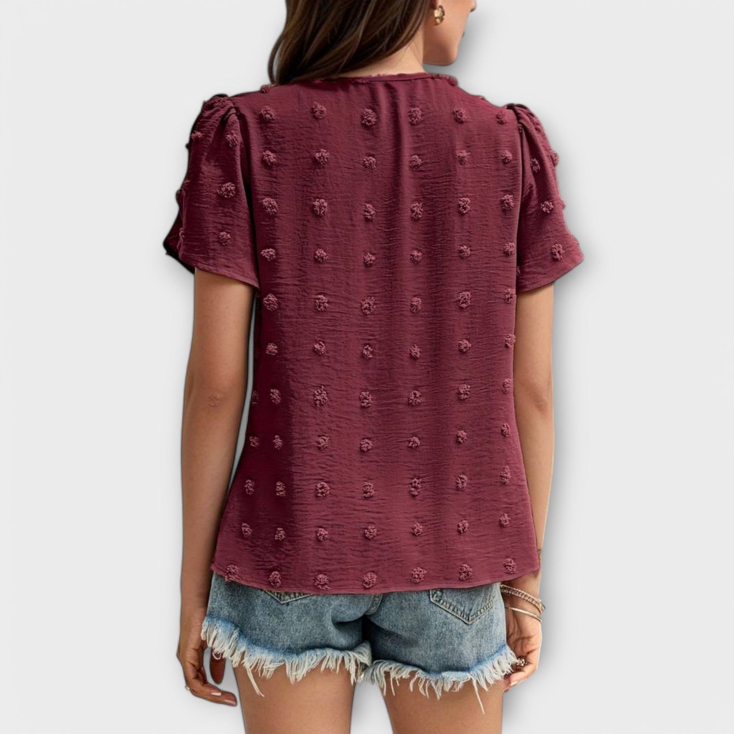 Charlotte Shirt with Floral Sleeves in Swiss Dot Style