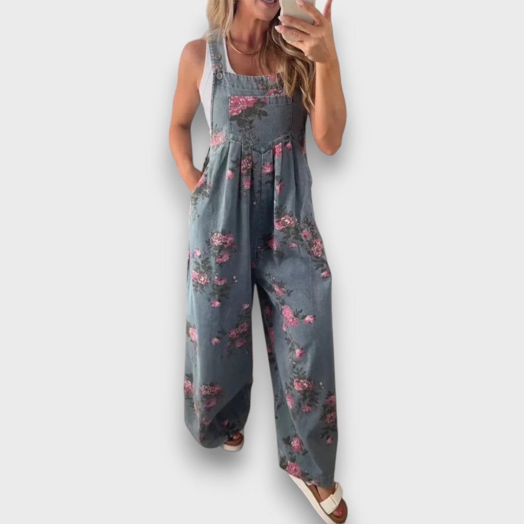 Tibula – Floral Denim Jumpsuit with a Wide Cut