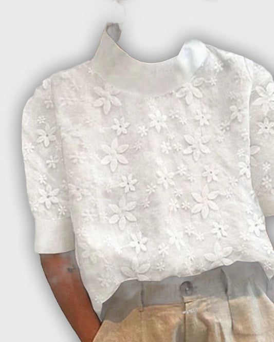Elegant Cotton Top with Lace and Stylish Collar