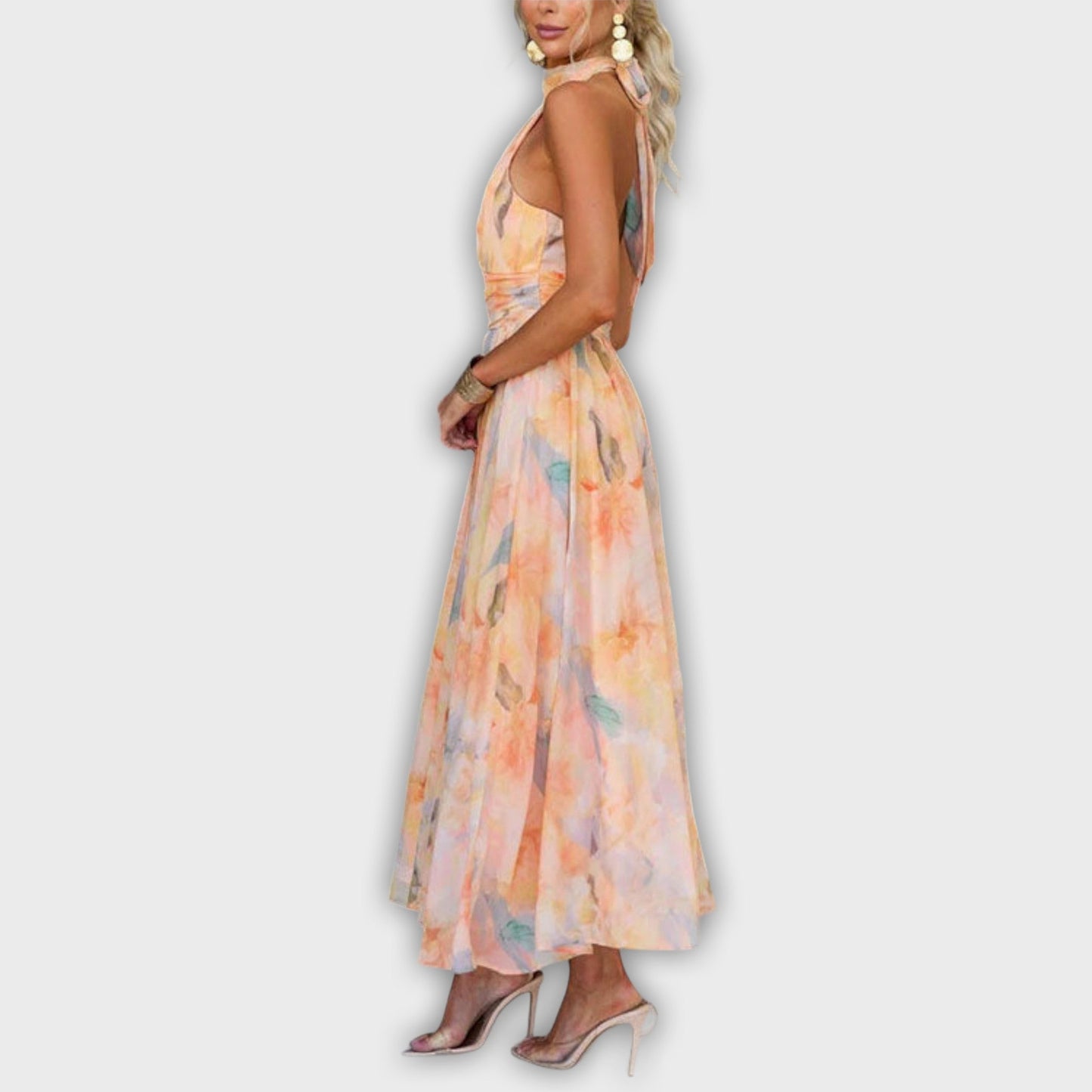 Maxi Dress with Watercolor Print and Halter Straps