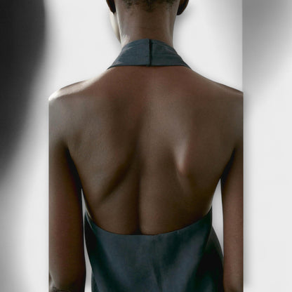 Blue Top with Tie Collar and Cut-out Back