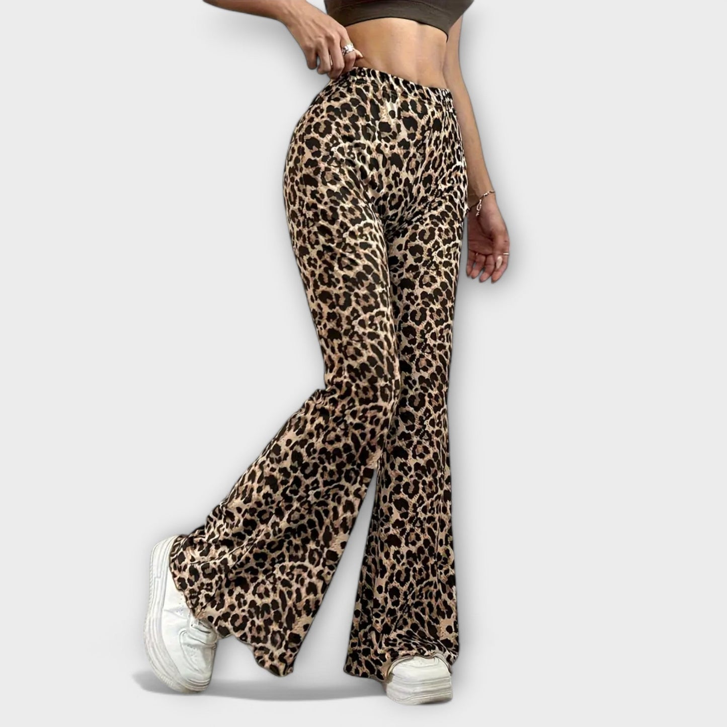 High-Waisted Bootcut Pants with Leopard Print
