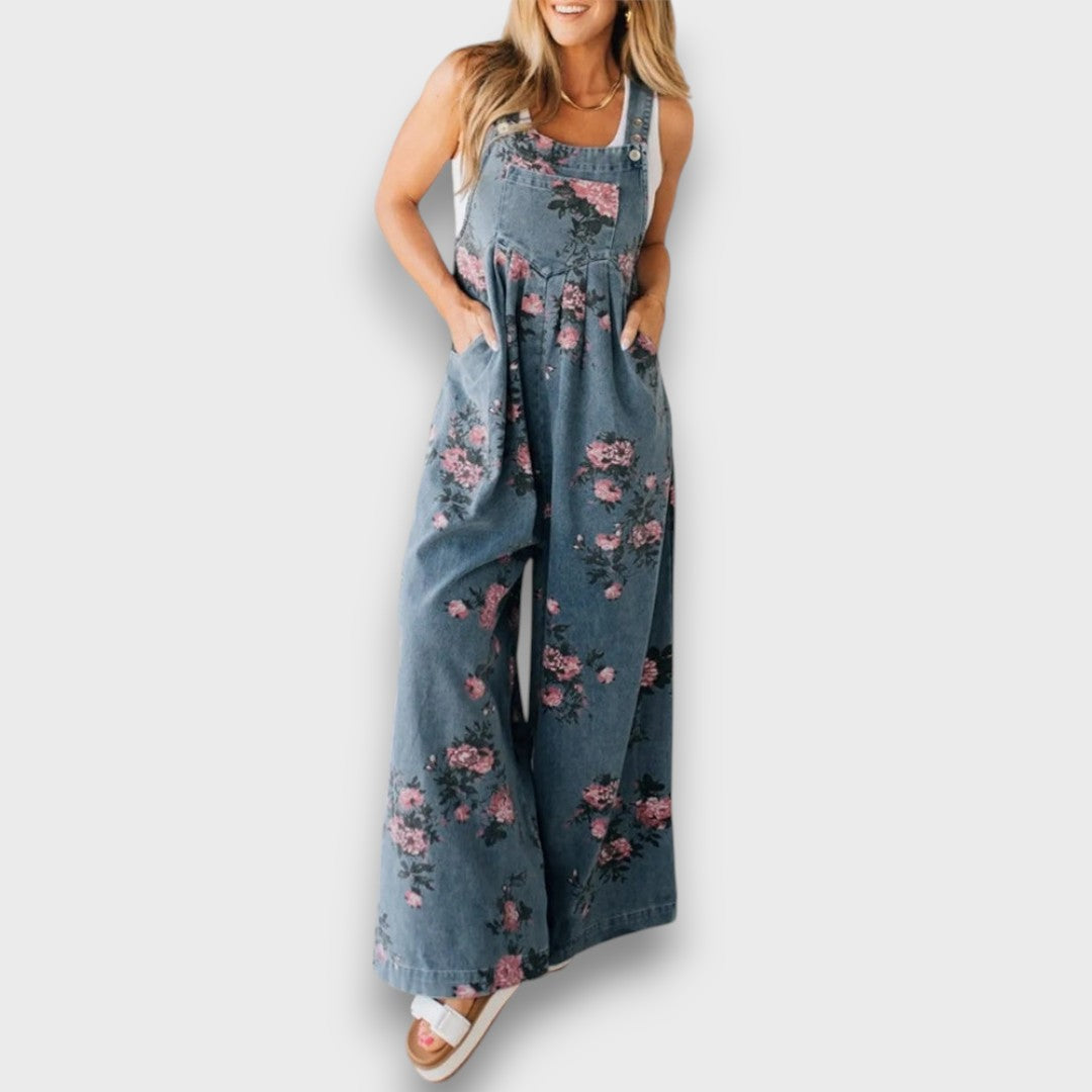 Tibula – Floral Denim Jumpsuit with a Wide Cut