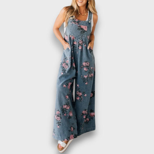 Tibula – Floral Denim Jumpsuit with a Wide Cut
