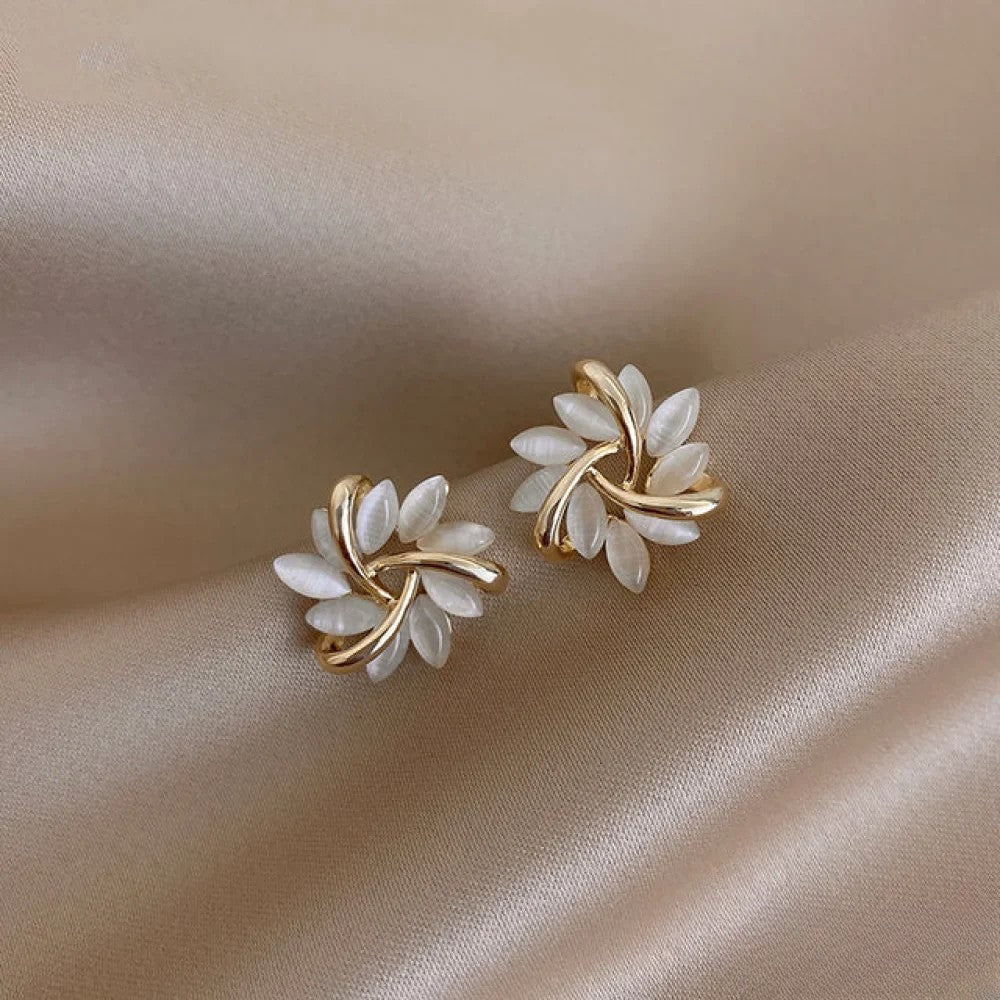 Elegant Gold Earrings with Opal Flower Motifs
