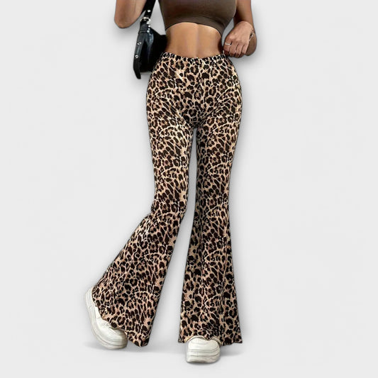 High-Waisted Bootcut Pants with Leopard Print