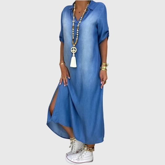 Lea™ | Long Denim-Style Dress with Side Slits