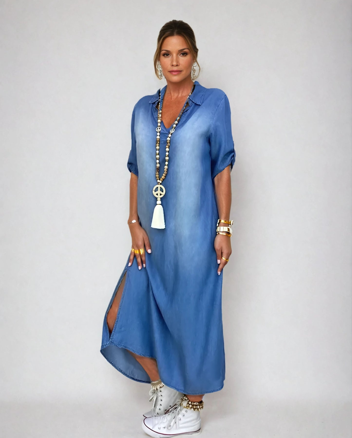 Lea™ | Long Denim-Style Dress with Side Slits