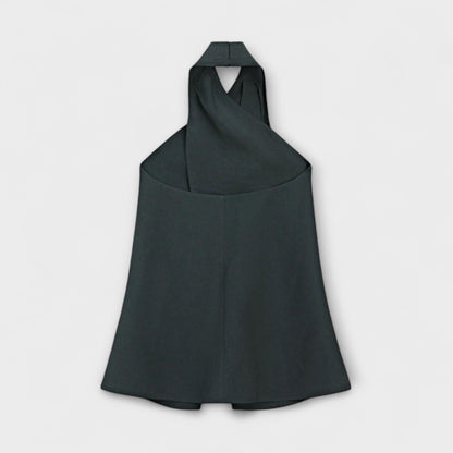 Blue Top with Tie Collar and Cut-out Back