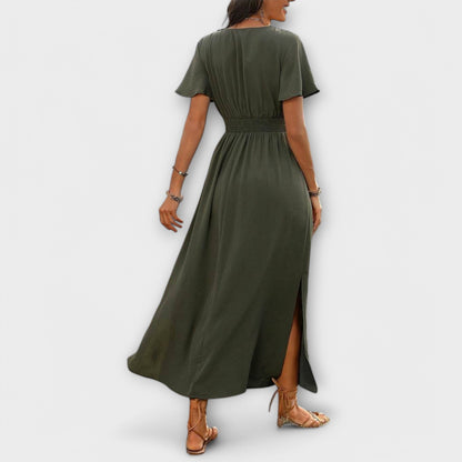 Elegant Boho Dress with V-Neck and Long Sleeves