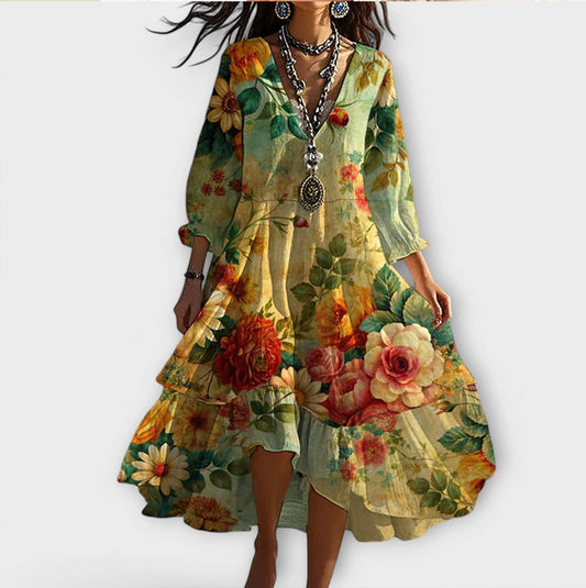 Vintage Boho Dress with Floral Print and Cardigan