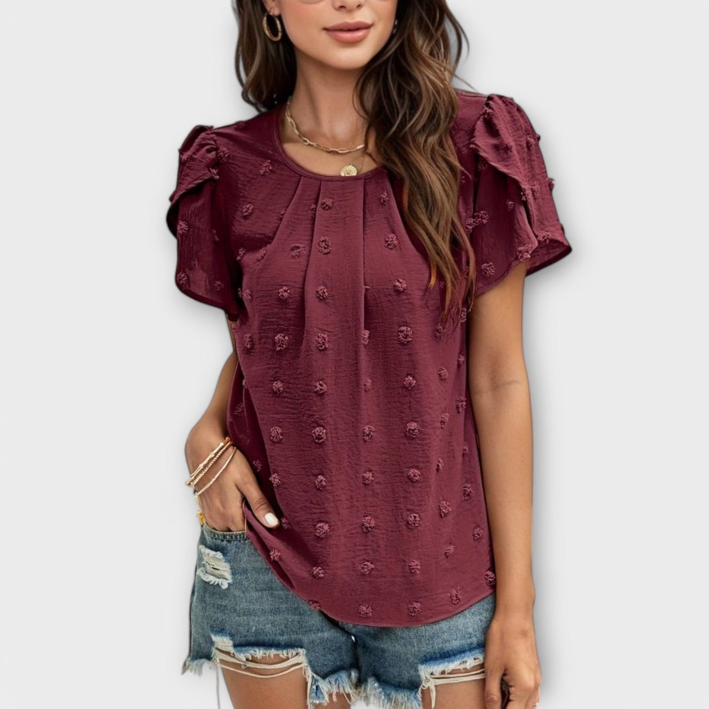 Charlotte Shirt with Floral Sleeves in Swiss Dot Style