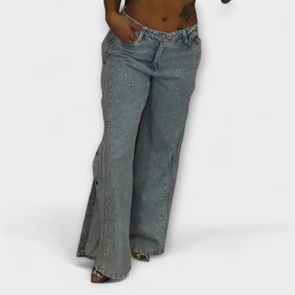High Waist Jeans with Rhinestones and Side Buttons