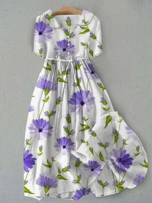 Sage - Vintage Floral Dress with Waist Straps and Half-Length Sleeves