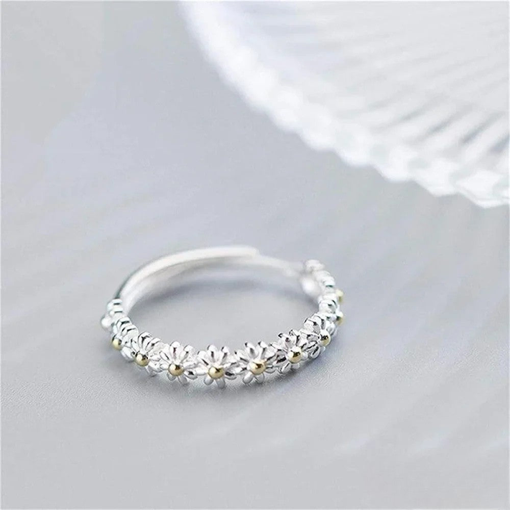 Adjustable Silver Ring with Hand-Painted Flower