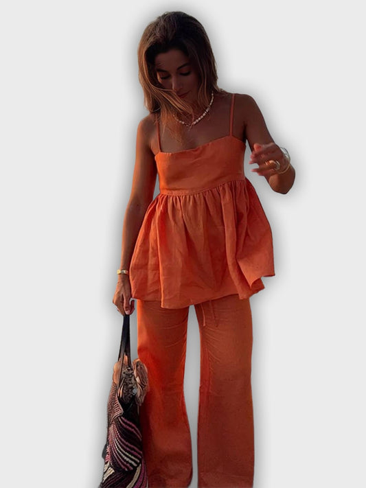 Two-Piece Summer Set with Top and Wide Pants - Elegant and Relaxed Look