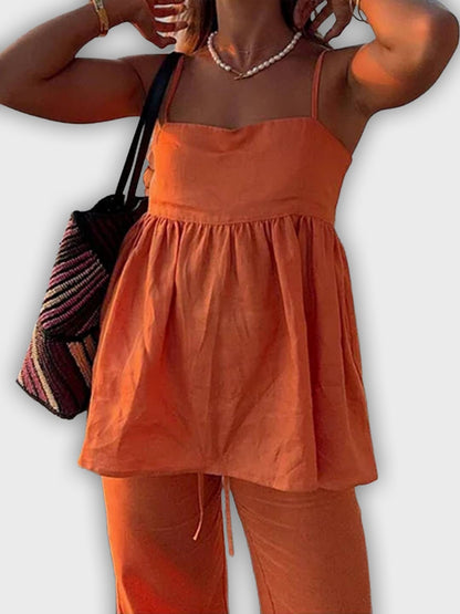 Two-Piece Summer Set with Top and Wide Pants - Elegant and Relaxed Look