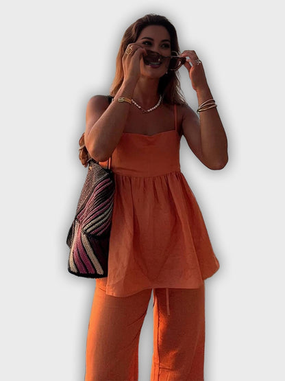 Two-Piece Summer Set with Top and Wide Pants - Elegant and Relaxed Look
