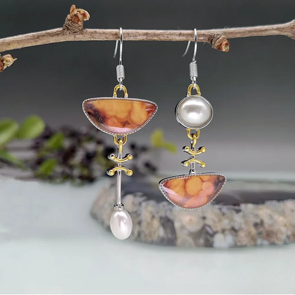 Natural Orange Stone Earrings in Retro Style