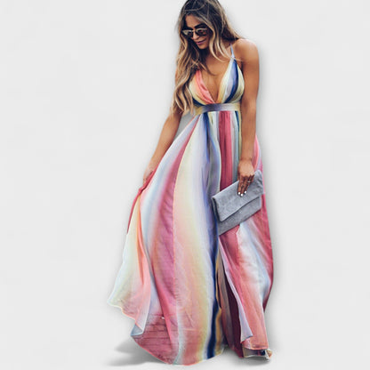 Maxi Dress with V-Neck and Colorful Stripes