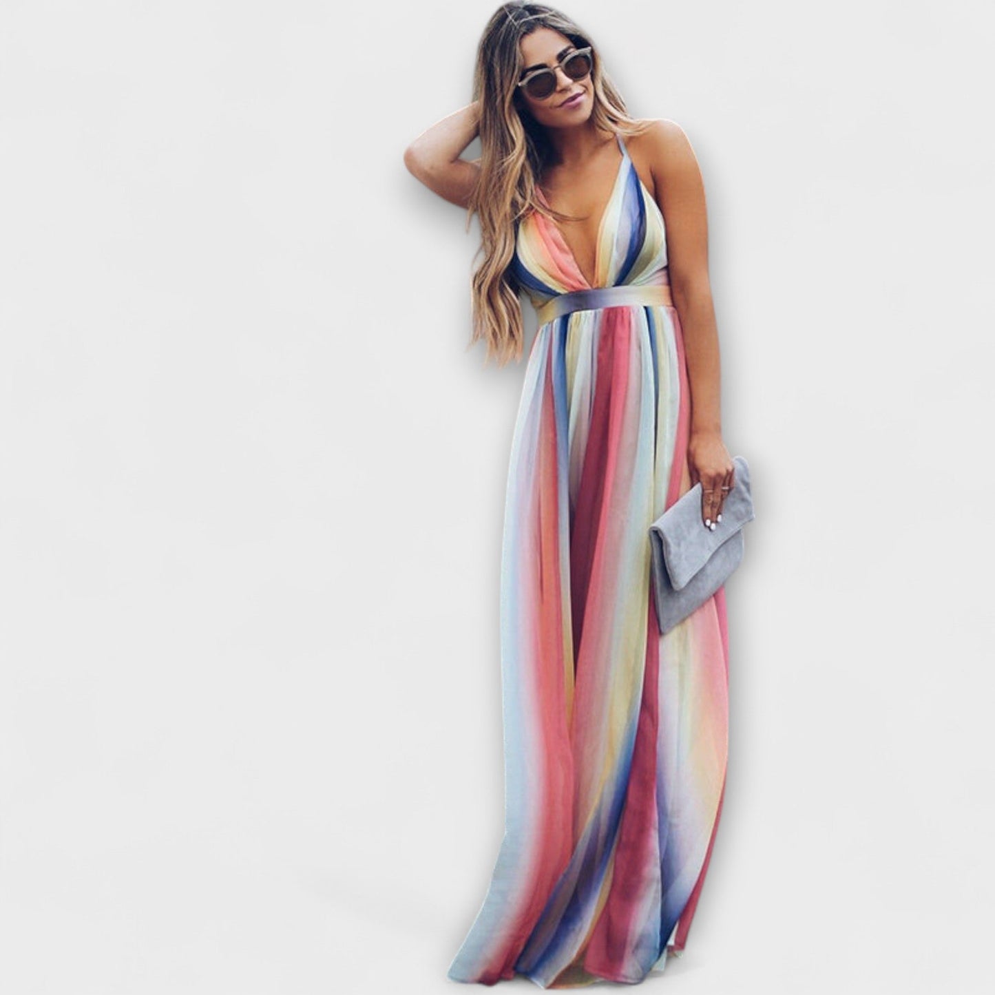Maxi Dress with V-Neck and Colorful Stripes