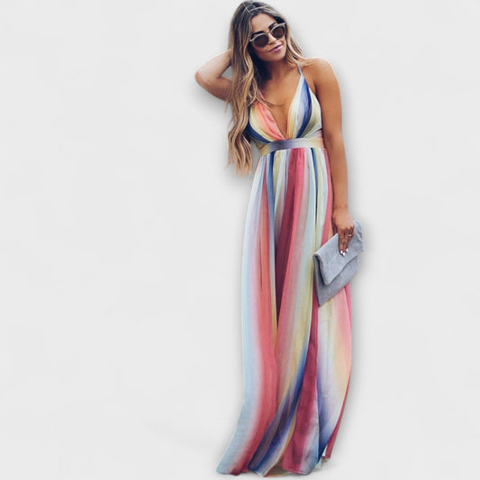Maxi Dress with V-Neck and Colorful Stripes
