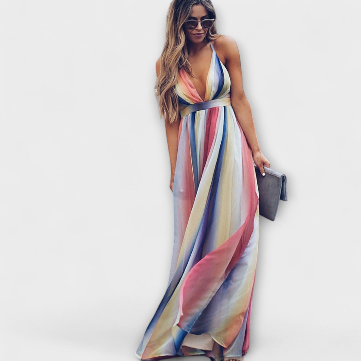 Maxi Dress with V-Neck and Colorful Stripes