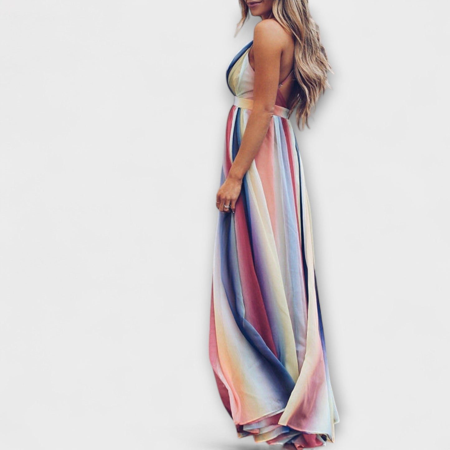 Maxi Dress with V-Neck and Colorful Stripes