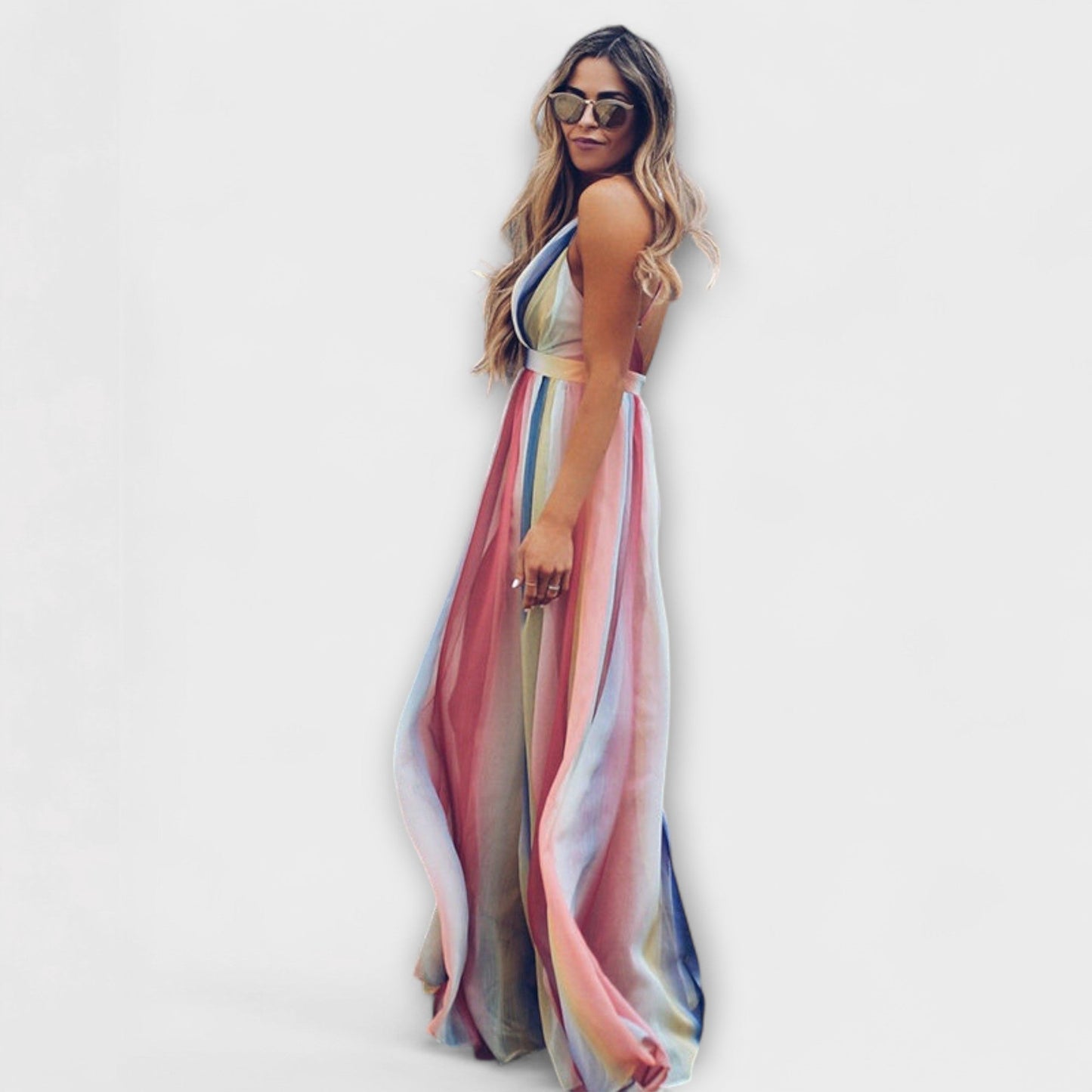 Maxi Dress with V-Neck and Colorful Stripes