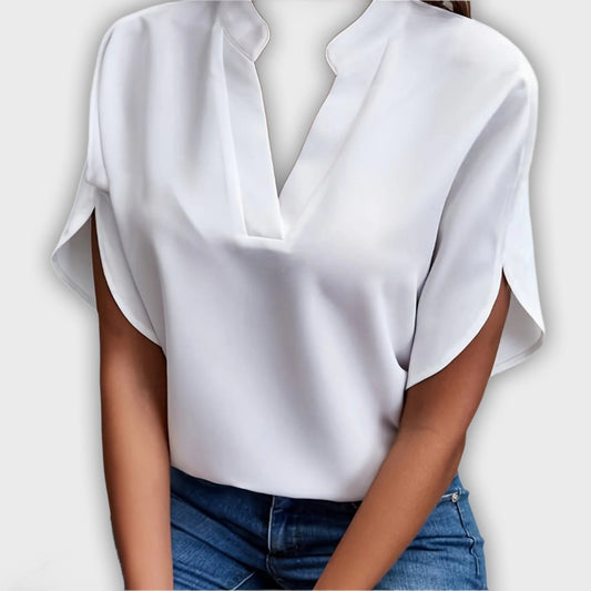 Elegant Women's Cotton-Polyester Shirt with Short Sleeves