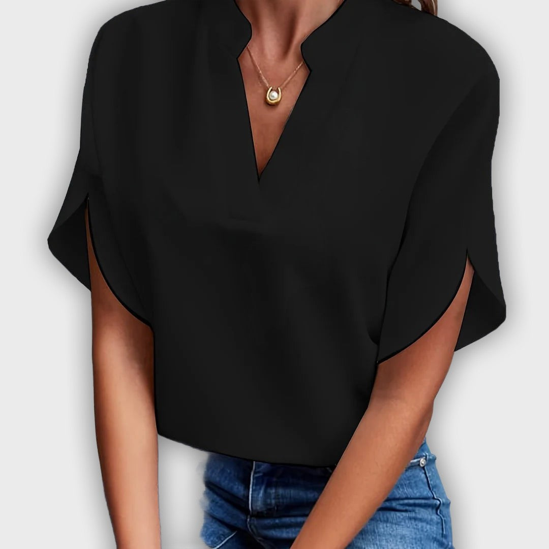 Elegant Women's Cotton-Polyester Shirt with Short Sleeves