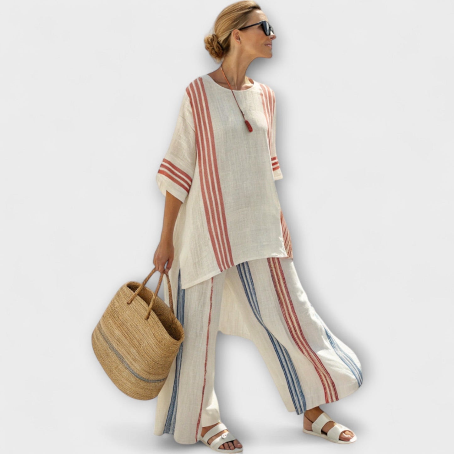 Faith - Ethnic Set Made of Linen and Bamboo with Stripes and Wide Cut