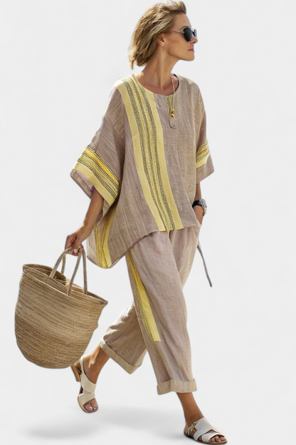 Faith - Ethnic Set Made of Linen and Bamboo with Stripes and Wide Cut