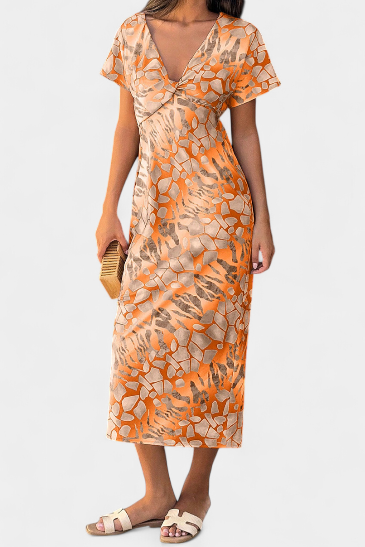 Dresses with Abstract Print and V-Neck Exposure