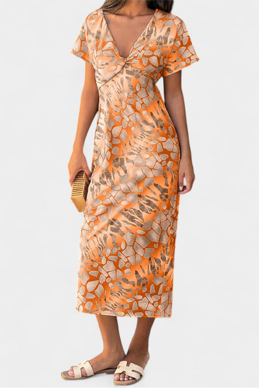 Dresses with Abstract Print and V-Neck Exposure