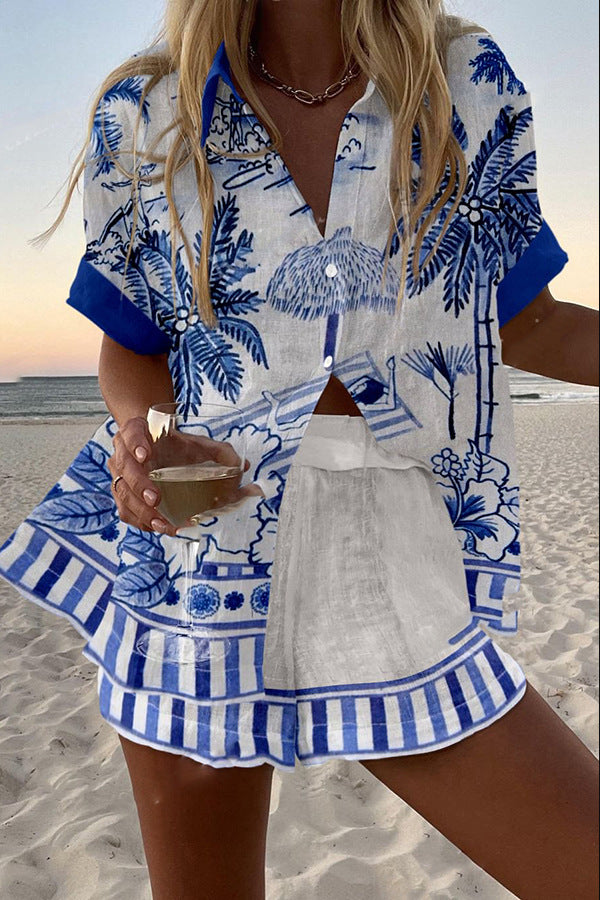 Zenika™ | Short Linen Set with Palm Print