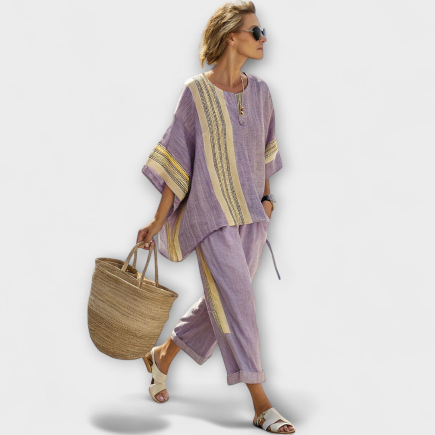 Faith - Ethnic Set Made of Linen and Bamboo with Stripes and Wide Cut
