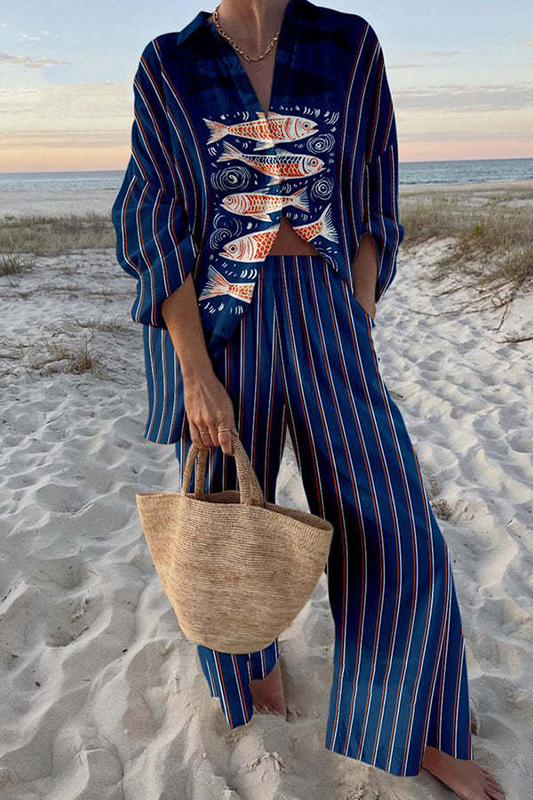 Zairin™ | Linen Set with Blue Line Print
