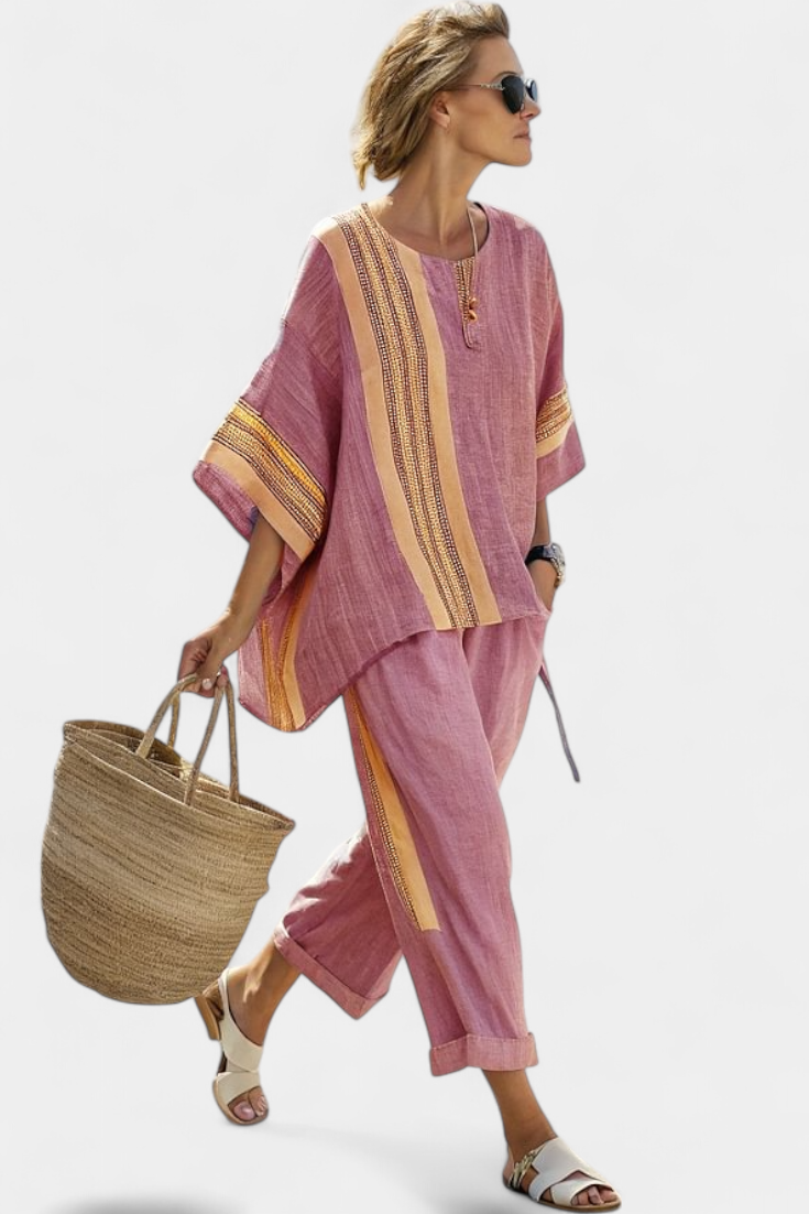 Faith - Ethnic Set Made of Linen and Bamboo with Stripes and Wide Cut