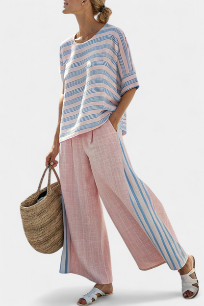Faith - Ethnic Set Made of Linen and Bamboo with Stripes and Wide Cut