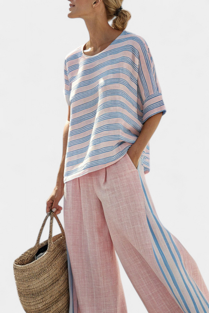 Faith - Ethnic Set Made of Linen and Bamboo with Stripes and Wide Cut