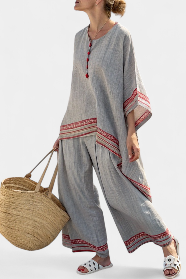 Faith - Ethnic Set Made of Linen and Bamboo with Stripes and Wide Cut