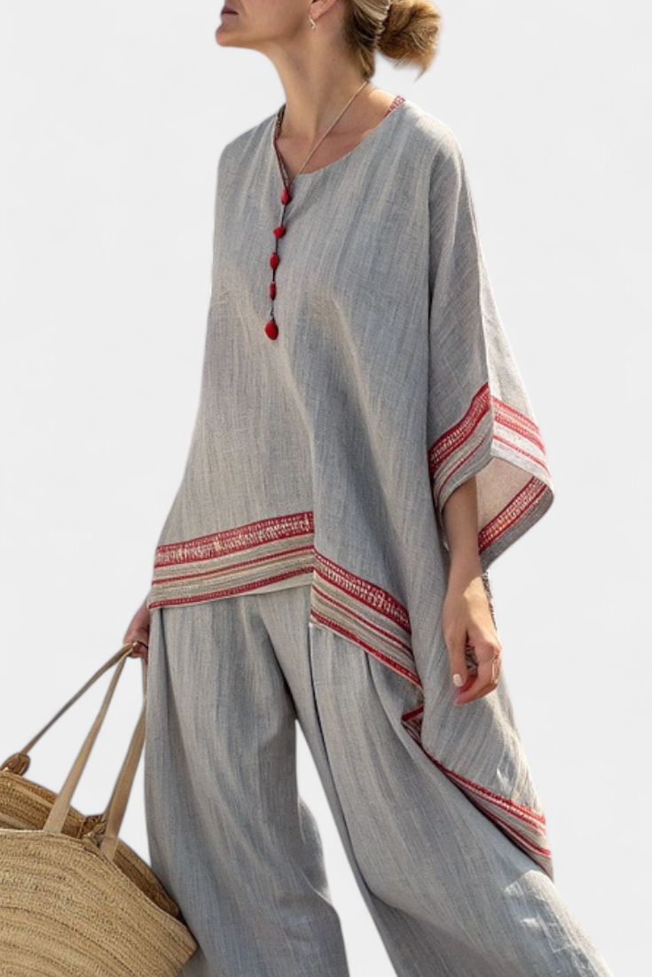 Faith - Ethnic Set Made of Linen and Bamboo with Stripes and Wide Cut