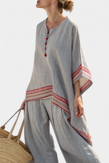 Faith - Ethnic Set Made of Linen and Bamboo with Stripes and Wide Cut